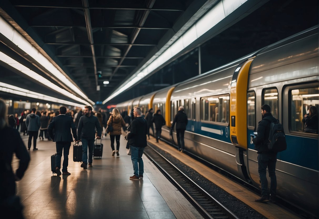 A bustling train station with passengers boarding and luggage being loaded onto a sleek, modern train bound for Berlin. Signs display amenities and services available on the journey