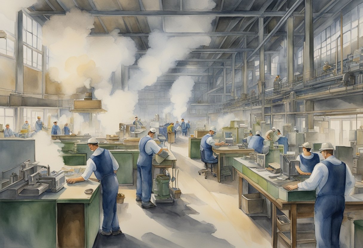 A bustling factory with smoke billowing from chimneys contrasts with a serene office setting. Machinery hums in the background as workers in overalls move about, while professionals in suits sit at desks, tapping away on computers