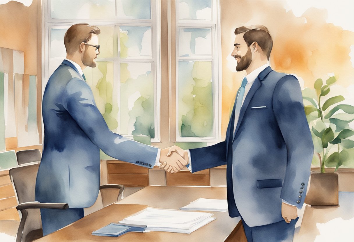 A person in a suit shaking hands with a client in an office setting, with a diploma and awards on the wall