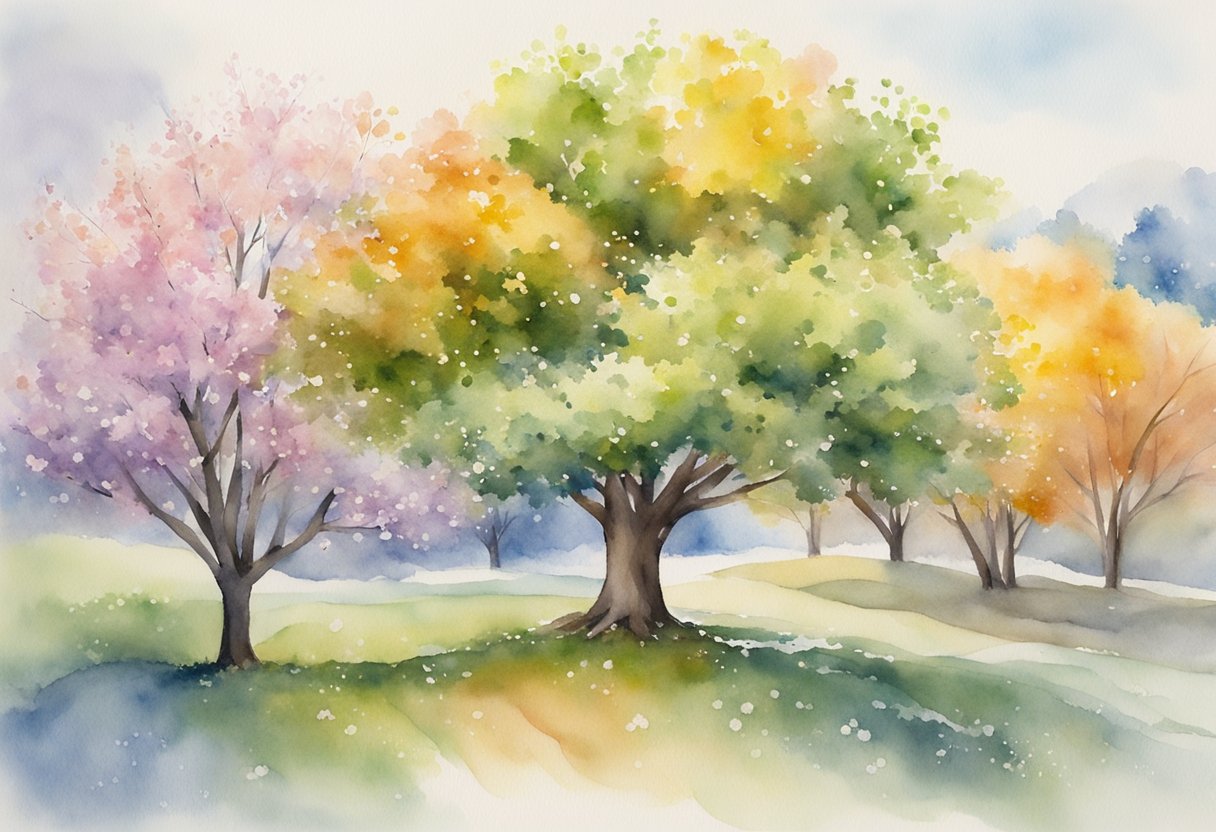 A tree transitions through spring blossoms, summer greenery, autumn leaves, and winter snow, symbolizing the four seasons of life