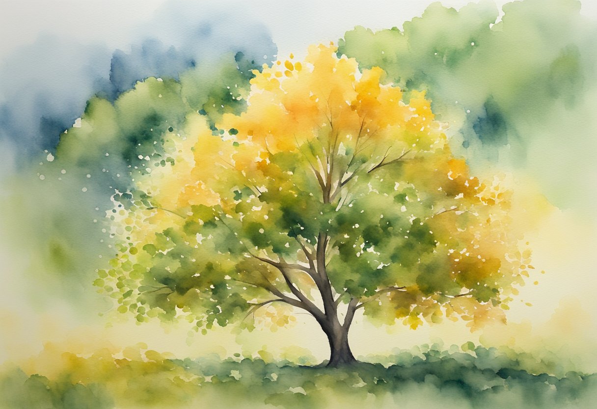 A lone tree stands amidst changing foliage, symbolizing life's transitions. The leaves shift from green to gold, capturing the essence of evolving seasons