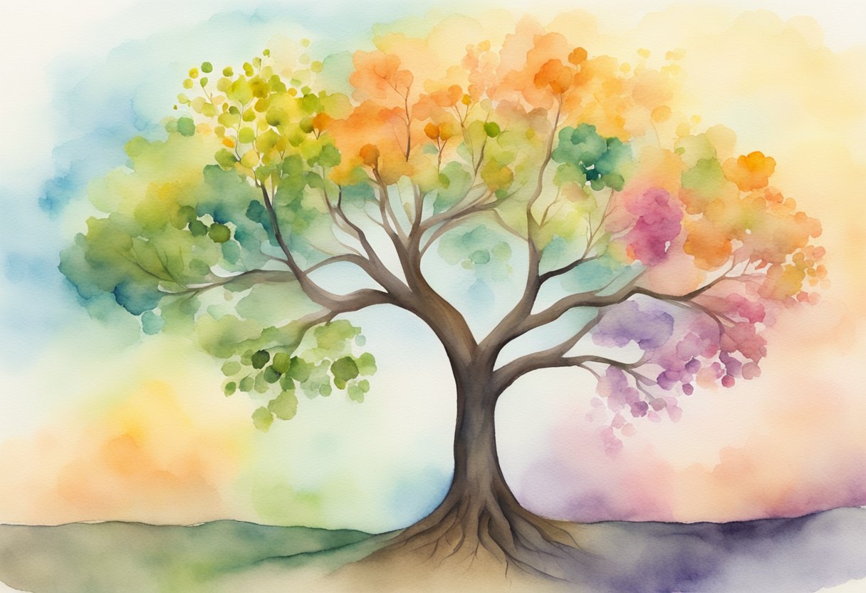 A tree growing through the changing seasons, from bare branches to full bloom, representing personal and professional development