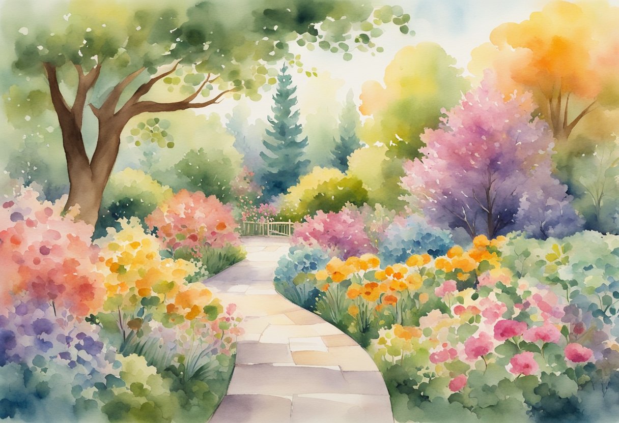 A serene garden with a winding path, blooming flowers, and colorful trees in various stages of growth, representing the ever-changing seasons of life