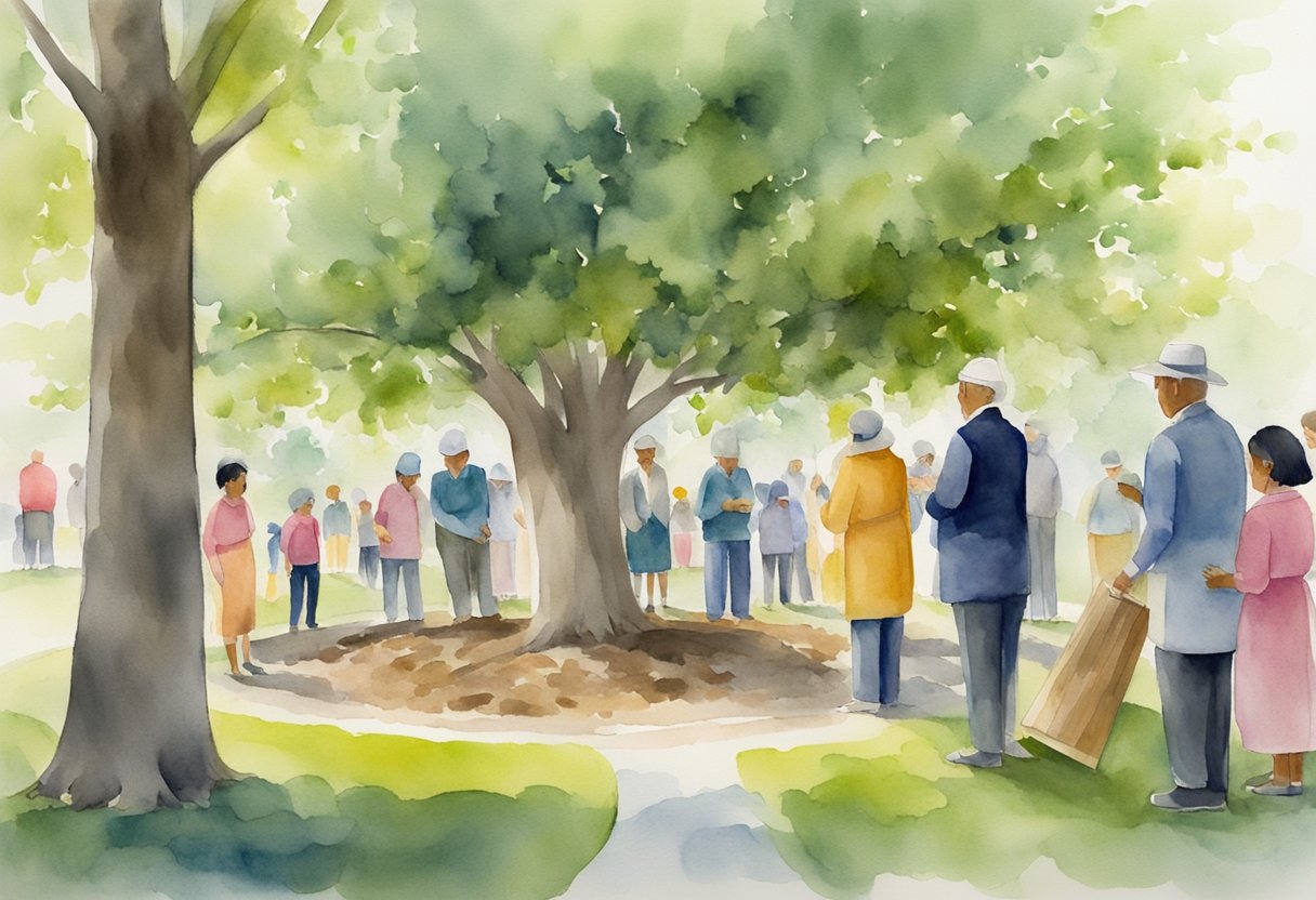 A tree planting ceremony in a park, with people of all ages participating, symbolizing the passing on of knowledge and values through generations