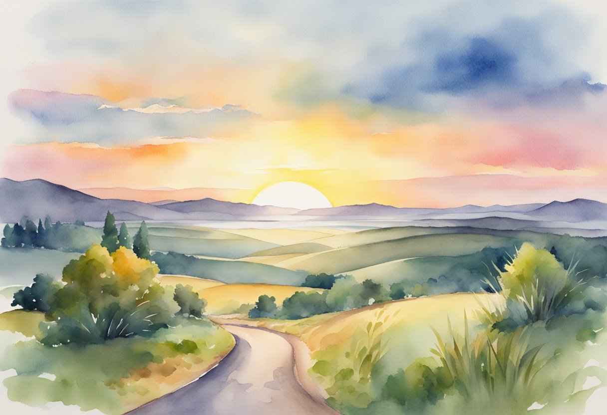 A smiling sun rising over a calm, serene landscape with vibrant colors and a clear path leading towards a welcoming destination