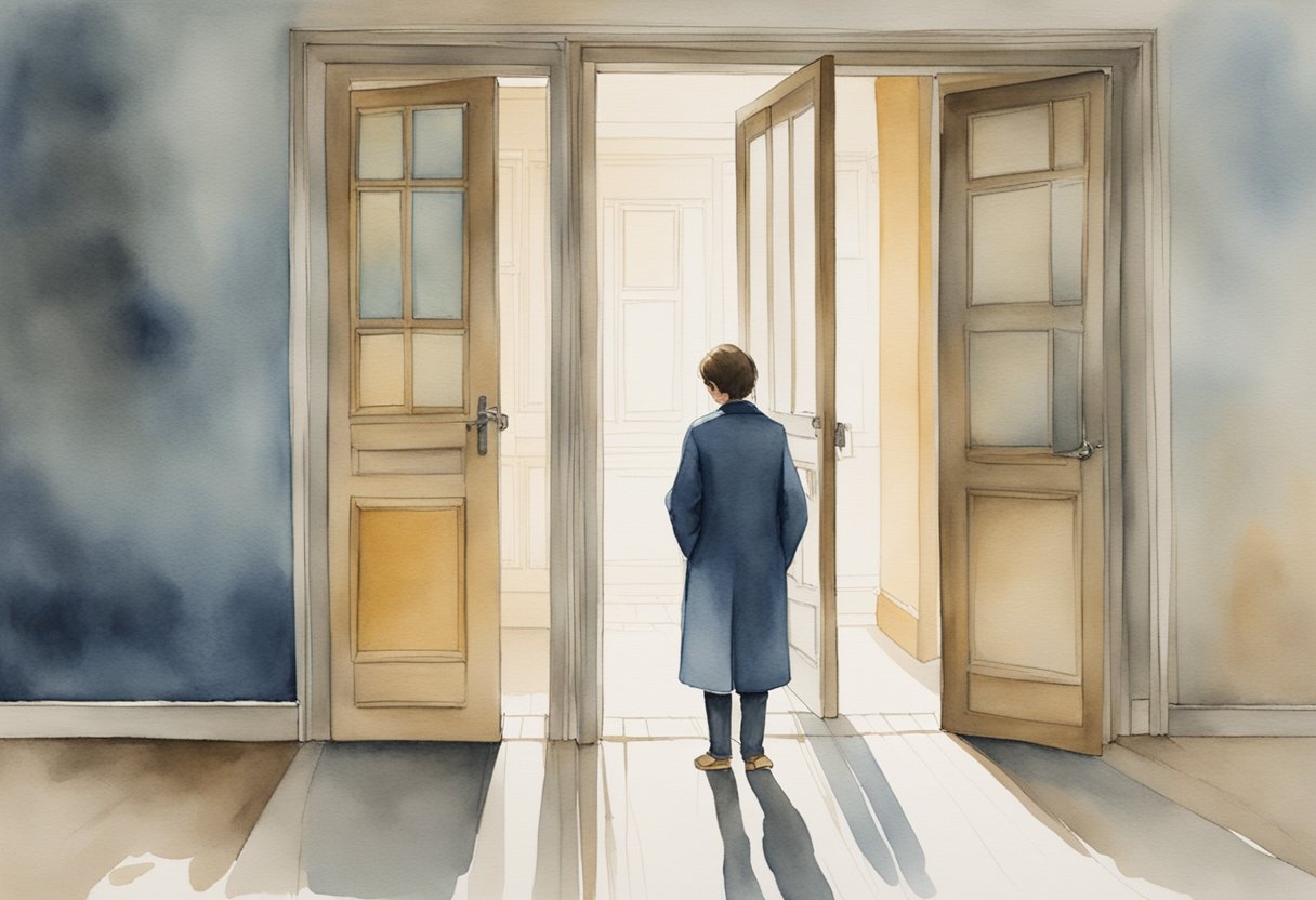 A person standing alone, looking dejected in a room filled with turned-away faces and closed doors