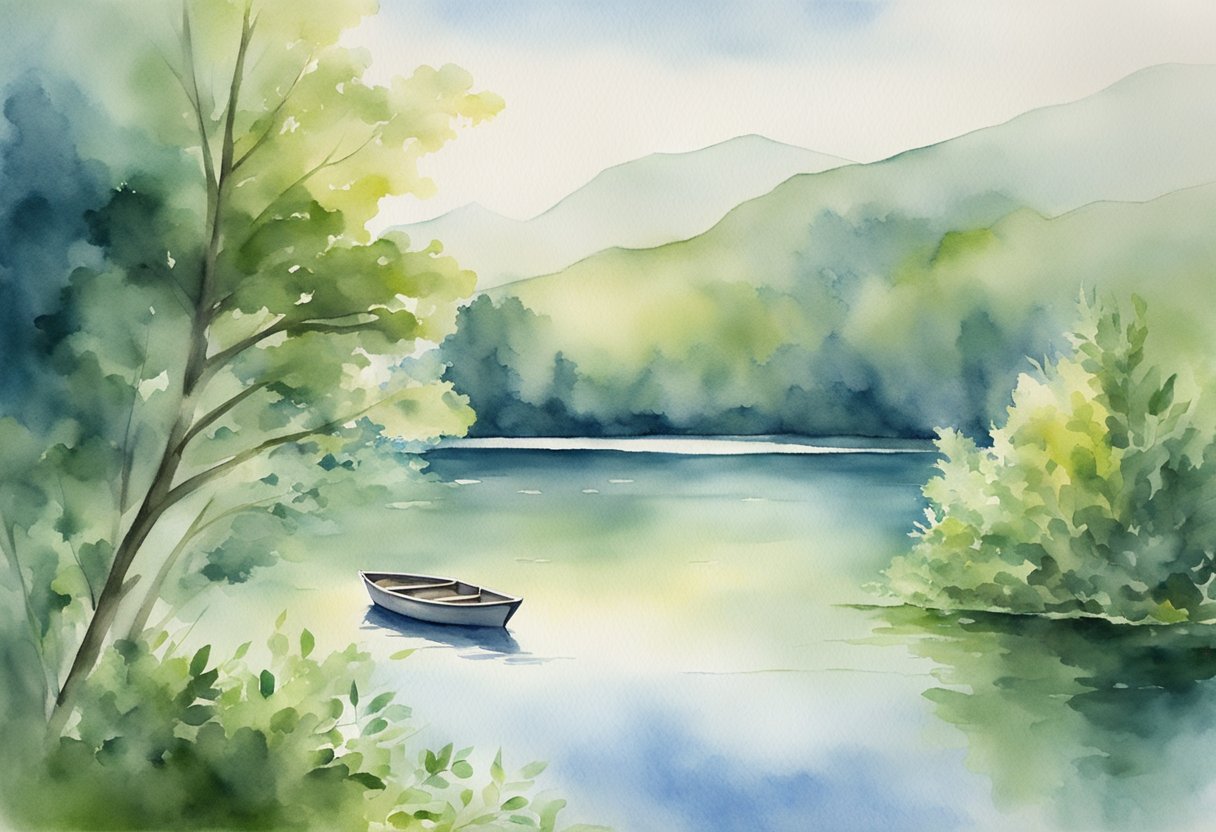 A serene lake surrounded by lush greenery, with a small boat peacefully drifting on the water, symbolizing work-life harmony and balance in life