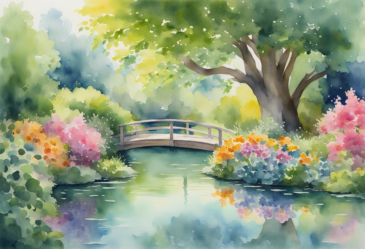 A serene garden with a tree casting dappled shade over a peaceful pond, surrounded by vibrant flowers and lush greenery