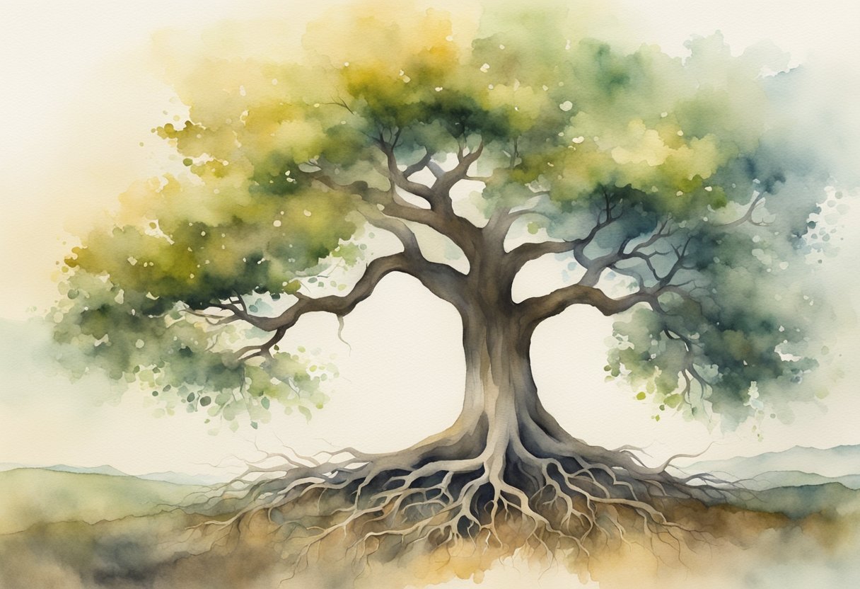 A tree with deep roots and outstretched branches, standing tall amidst a serene landscape, symbolizing personal growth and balance in life