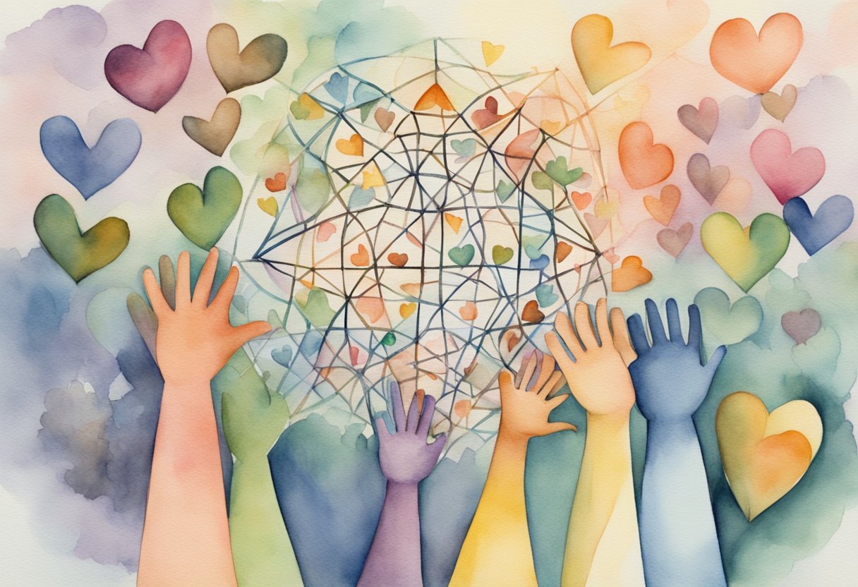 A group of diverse symbols (hearts, hands, scales) interconnected in a web, representing the balance between social and family connections in life