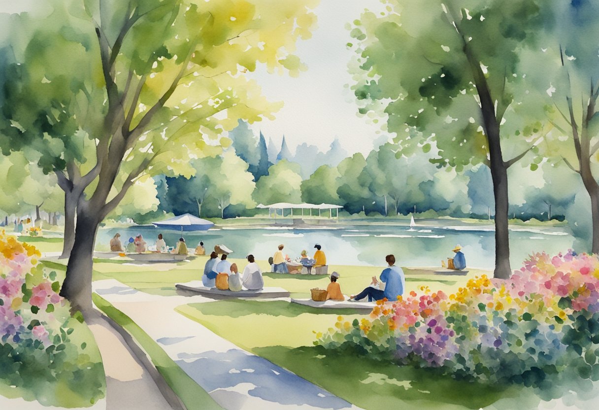 A serene park with a calm lake, surrounded by lush greenery and colorful flowers, with people engaged in various leisure activities like picnicking, reading, and walking