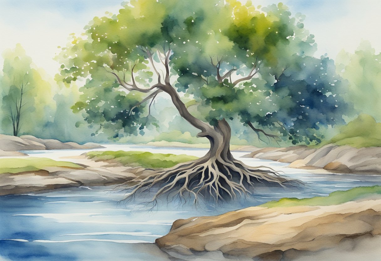 A tree with roots firmly planted in the ground, surrounded by a flowing river and a clear blue sky, symbolizing balance and stability in nature