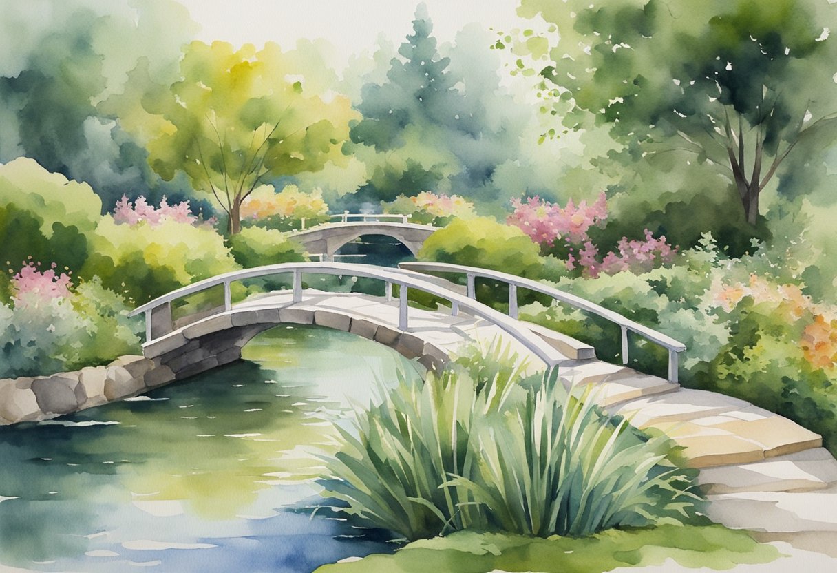 A serene garden with a stone pathway winding through lush greenery, leading to a tranquil pond with a small bridge. A sense of harmony and calmness permeates the scene