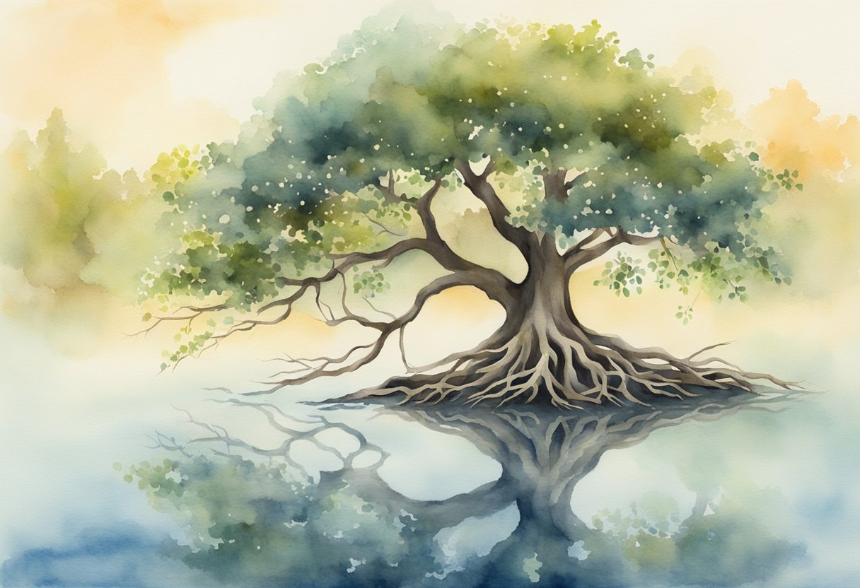 A tree with roots firmly grounded, swaying branches, and a calm lake reflecting the surrounding nature, symbolizing balance in life