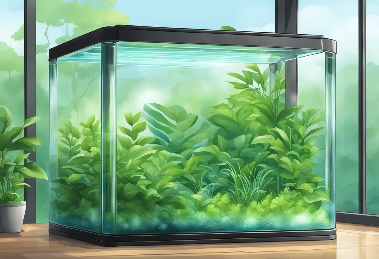 A clear glass tank filled with bubbling pure oxygen, surrounded by lush green plants and a serene, peaceful atmosphere