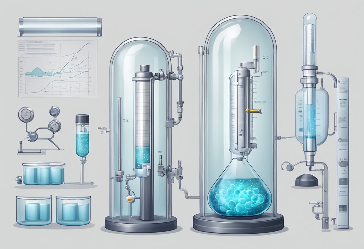 A clear glass tube filled with bubbling oxygen, surrounded by scientific equipment and diagrams