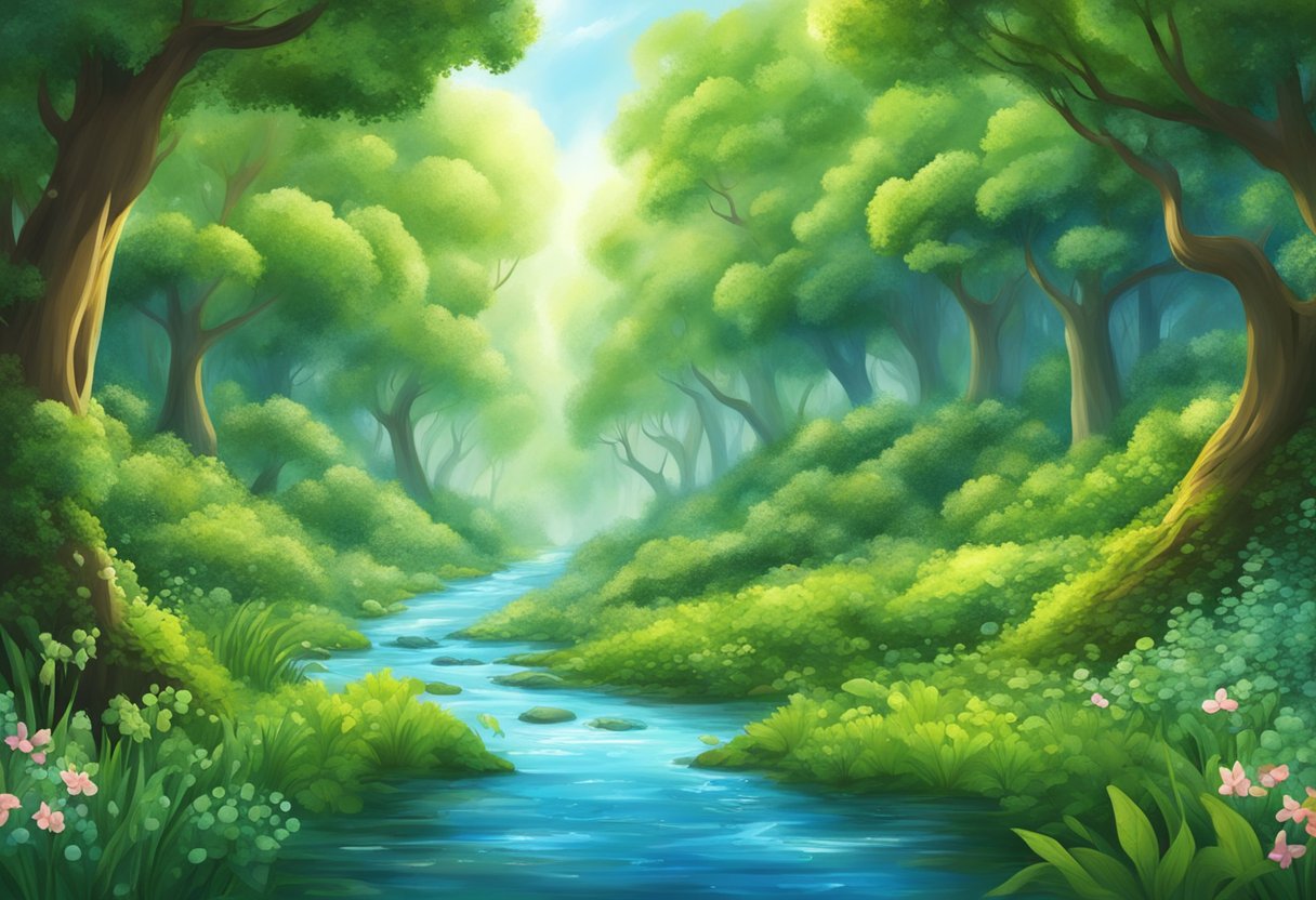 A lush green forest with clear blue skies, a stream of pure oxygen bubbles rising from a pristine spring, surrounded by vibrant flora and fauna