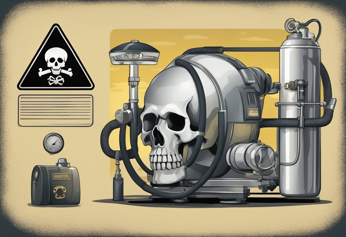 A warning sign next to an oxygen tank with a skull and crossbones, depicting the risks of oxygen toxicity