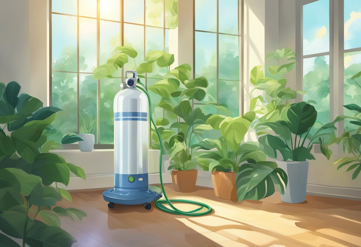 A clear oxygen tank with a hose attached, surrounded by lush green plants in a bright, sunlit room