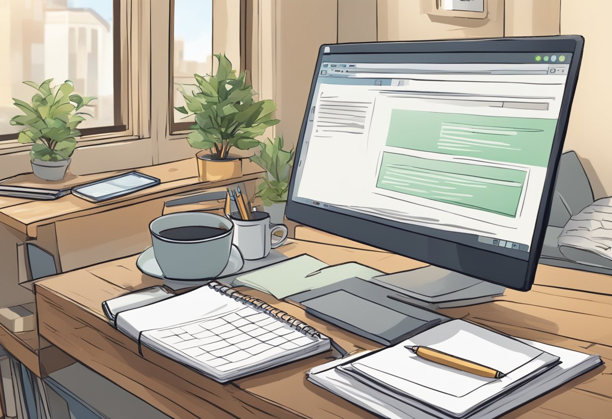The scene depicts a computer screen showing a review of Pros and Cons Sudowrite. A laptop, notepad, and pen are nearby. The room is well-lit with a cozy atmosphere