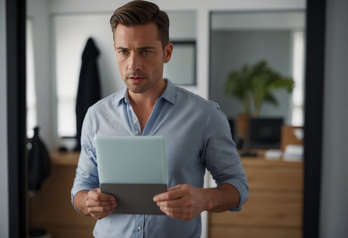 Une personne debout devant un miroir, tenant une serviette ou un sous-vêtement de protection, avec une expression inquiète sur le visage