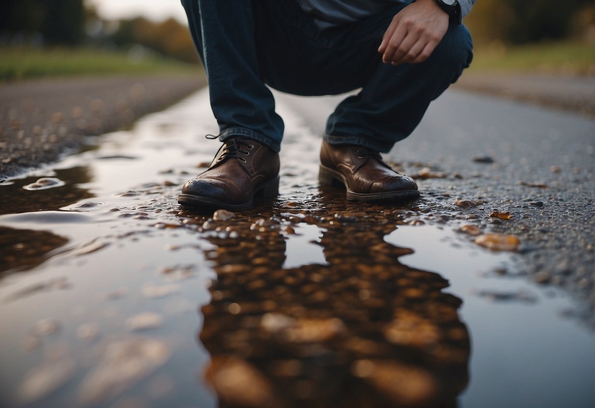 A puddle of spilled liquid on the floor with a person holding a confused expression while looking at their wet clothing