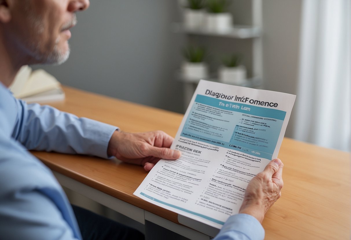 A person holding a pamphlet titled "Diagnosing Urinary Incontinence - What to Do?" with a concerned expression, sitting in a doctor's waiting room