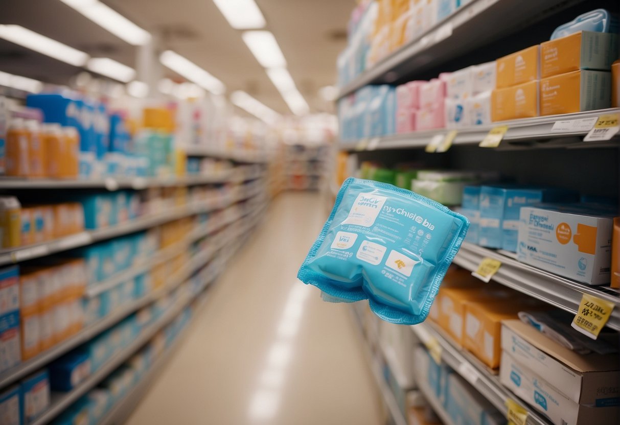 A woman's hand holding a pack of incontinence pads while standing in front of a row of shelves filled with various products for treating urine leakage