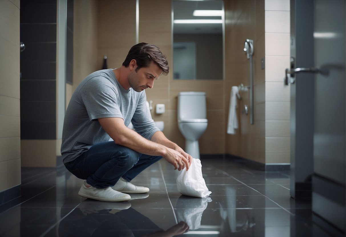 A person holding a pad or diaper, with a worried expression. A bathroom in the background, with a wet spot on the floor