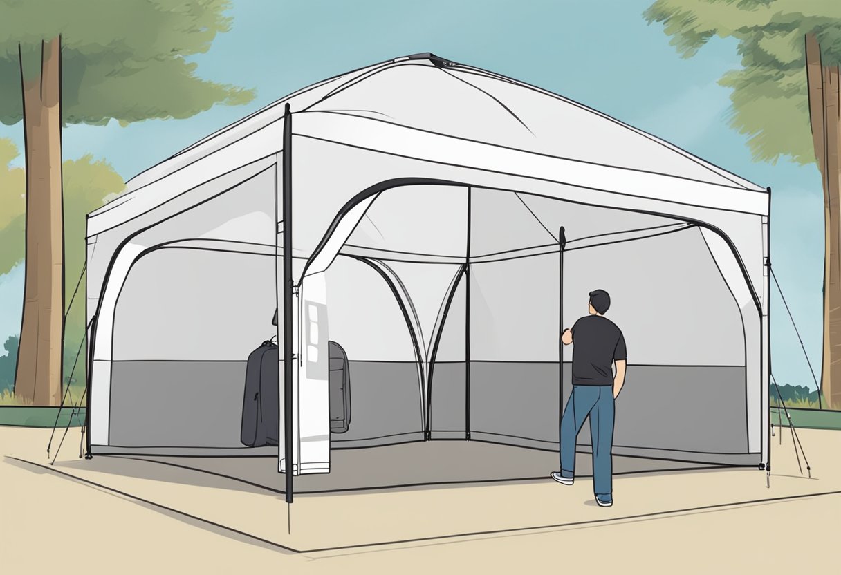 A customer examines a 10x10 tent in a store, comparing features and prices from a buying guide. The tent is displayed with its dimensions and specifications clearly labeled