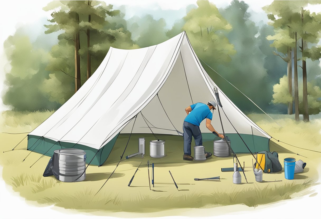 A person is setting up a 10x10 tent, securing the poles and fastening the fabric to ensure stability. The tent is surrounded by maintenance tools and care supplies, such as a mallet, stakes, and cleaning materials