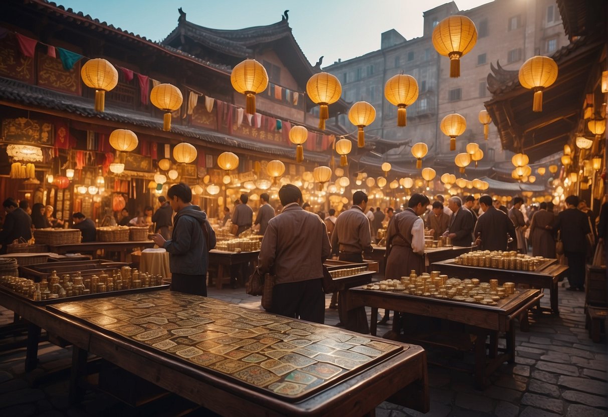 A bustling ancient marketplace with dice games and card tables, surrounded by opulent buildings and adorned with colorful banners and lanterns