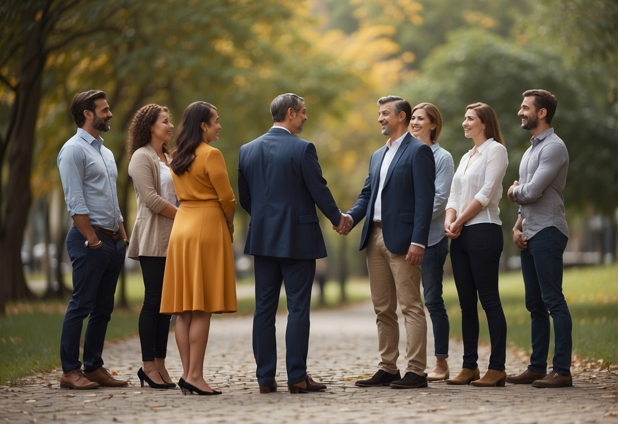 People standing in a circle, facing each other with open body language, showing respect and mindfulness in their interactions