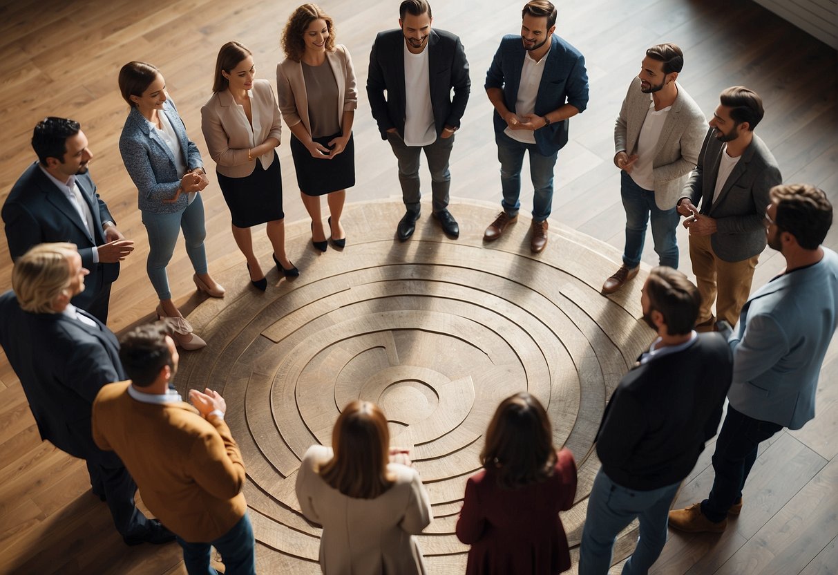 People standing in a circle, offering a helping hand or listening attentively to each other