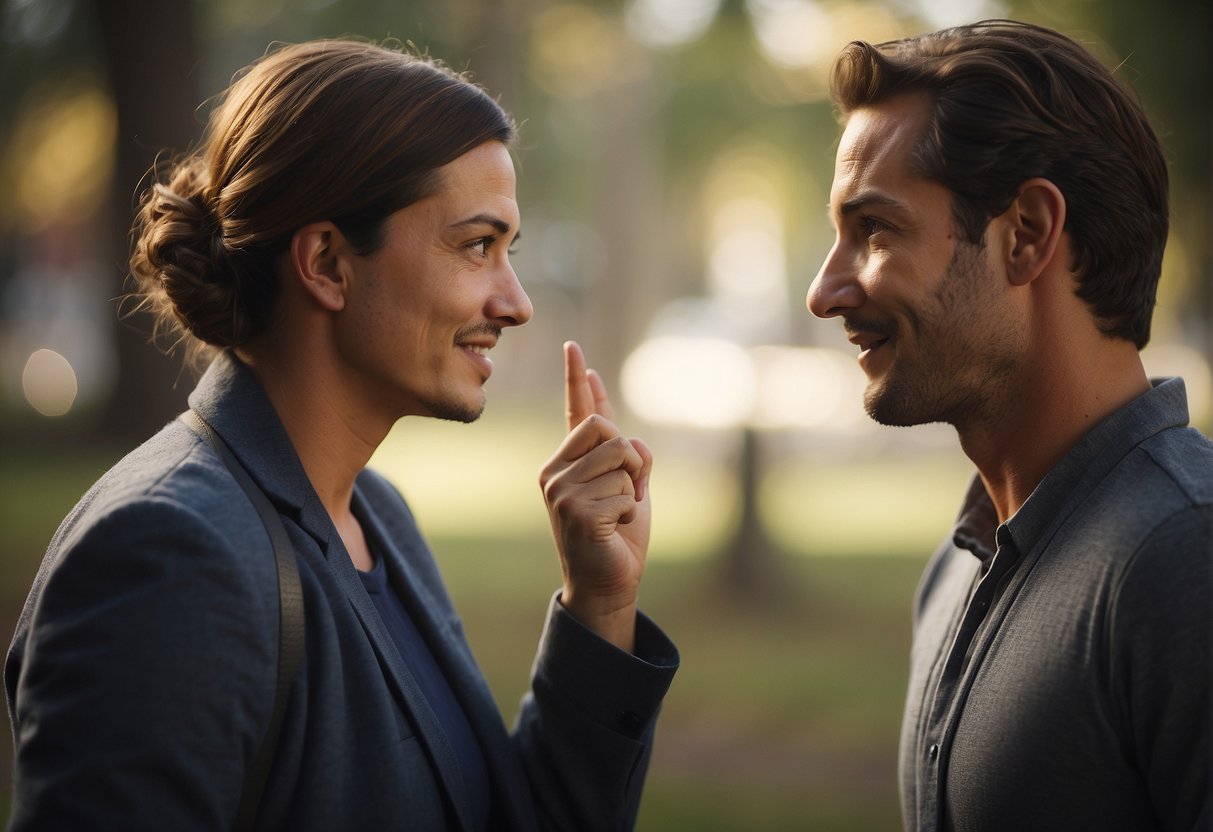 Two characters face each other, one with a calm expression and the other with a thoughtful look. They are engaged in a conversation, gesturing with open body language