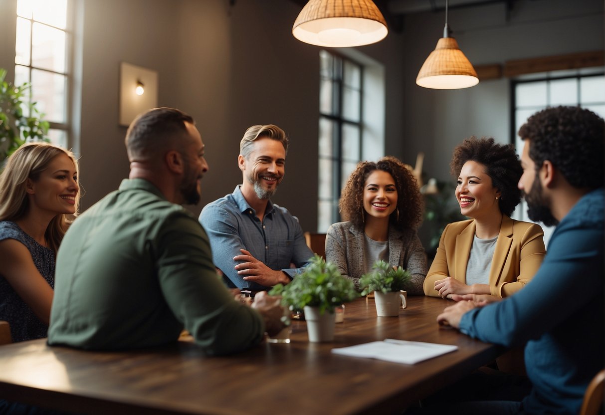 A diverse group gathers around a table, engaging in conversation and actively listening to one another. An atmosphere of respect and openness is palpable