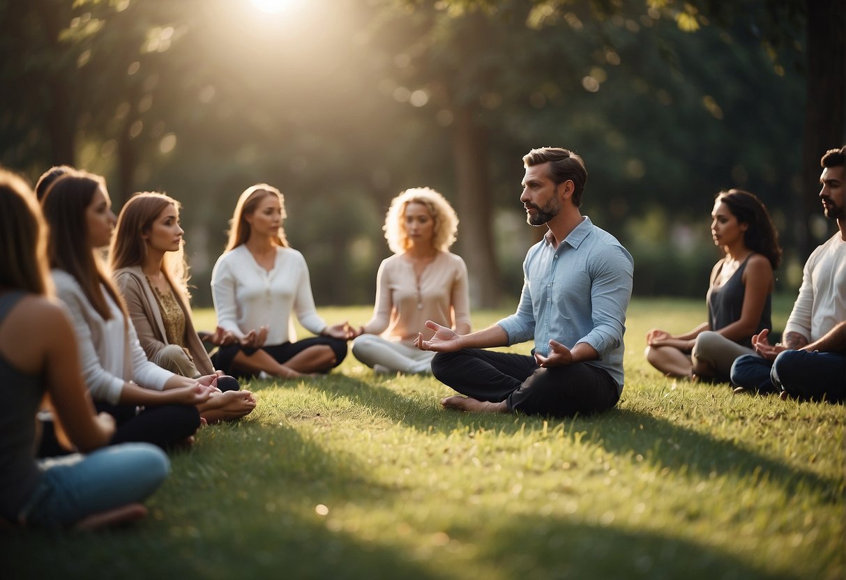 People in a circle, meditating. One person's aura extends to others