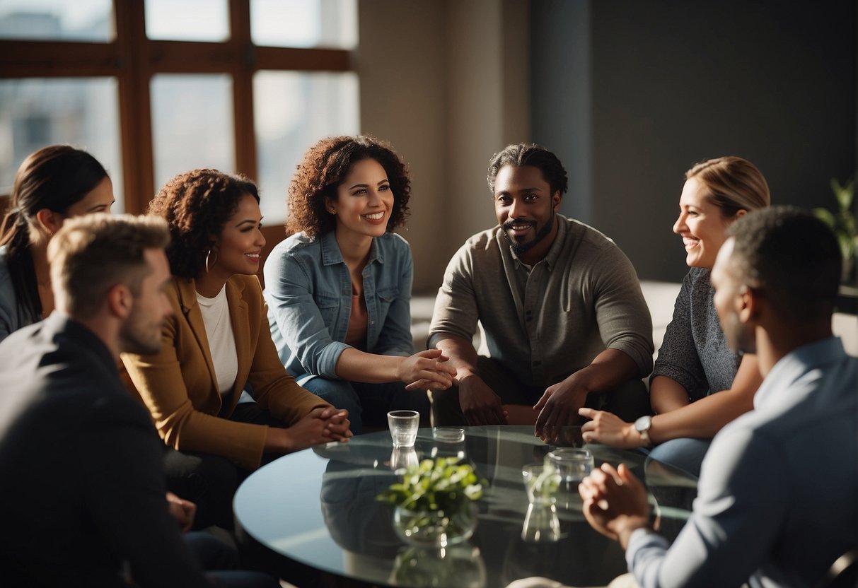 A group of diverse individuals gather in a circle, engaging in conversation and listening attentively to one another. They demonstrate respect and consideration for each other's perspectives