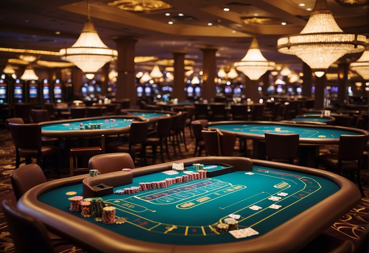 A bustling casino floor with tables for blackjack, roulette, and baccarat. Players and dealers engaged in intense gameplay