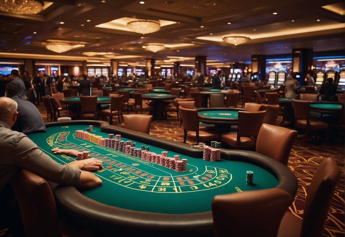 A bustling casino floor with blackjack, roulette, and baccarat tables. The room is filled with excitement and anticipation as players place their bets