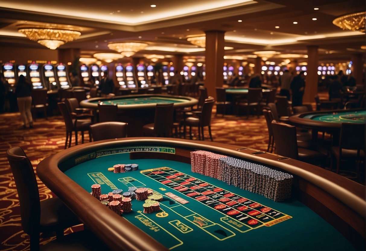 A bustling casino floor with lively blackjack, roulette, and baccarat tables, surrounded by eager players and the thrilling sounds of chips and cards