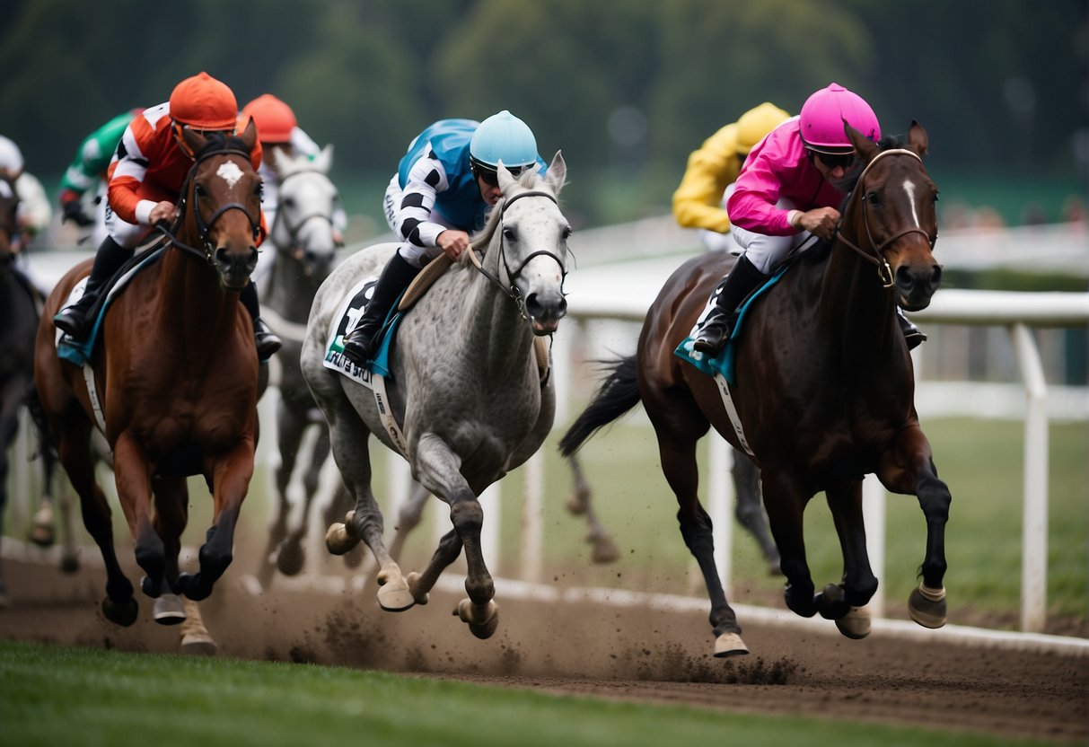 A group of Purebred Racehorses, including the common Thoroughbred, gallop across the turf track, their powerful muscles rippling as they race towards the finish line