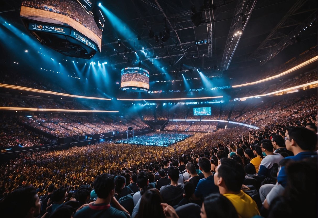 A crowded arena with colorful banners and cheering fans, as two teams battle it out in a high-stakes League of Legends tournament
