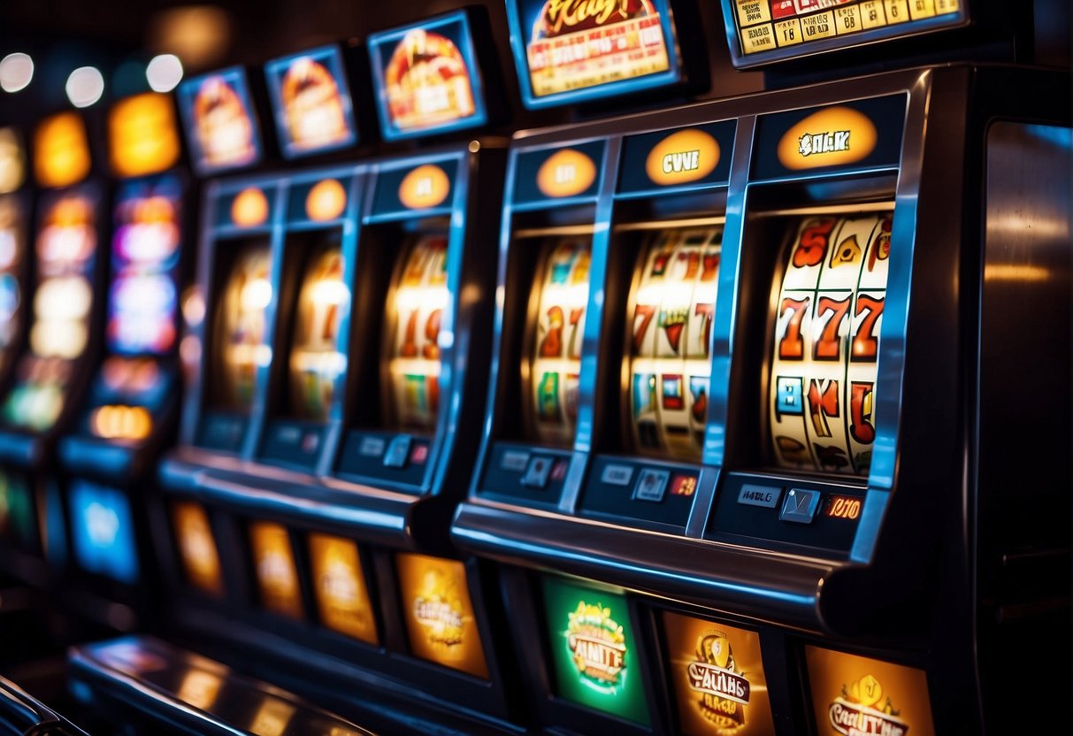 Brightly lit online slot machines with colorful graphics and spinning reels. Excited players winning big jackpots with flashing lights and sound effects
