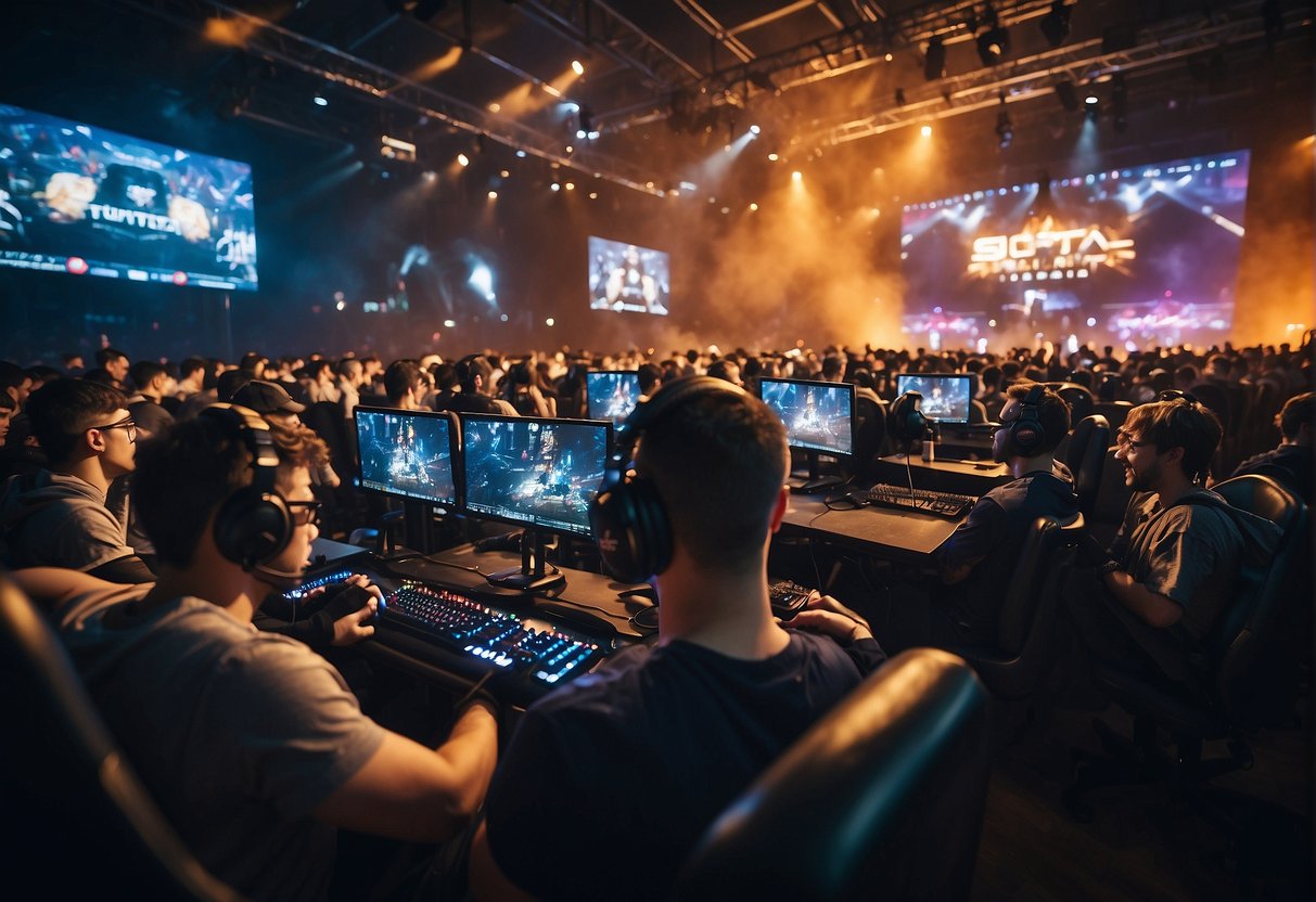 A crowded eSports arena with players competing in League of Legends, Dota 2, and Counter-Strike: Global Offensive. Excited fans cheer in the background