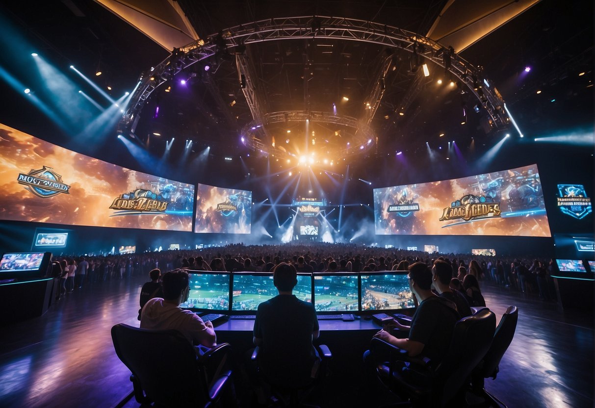 A dynamic, colorful arena with towering screens displaying League of Legends, Dota 2, and Counter-Strike: Global Offensive logos, surrounded by enthusiastic fans
