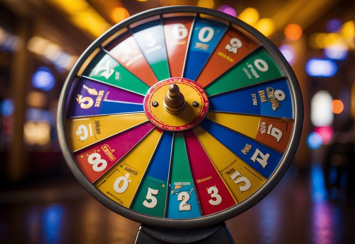 A colorful lottery wheel spinning with special prizes for holidays and events