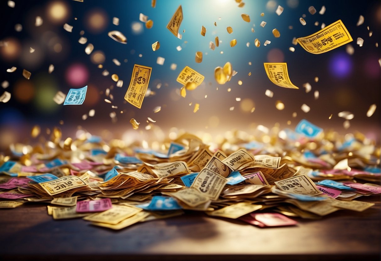 A festive scene with lottery tickets flying in the air, surrounded by confetti and colorful decorations
