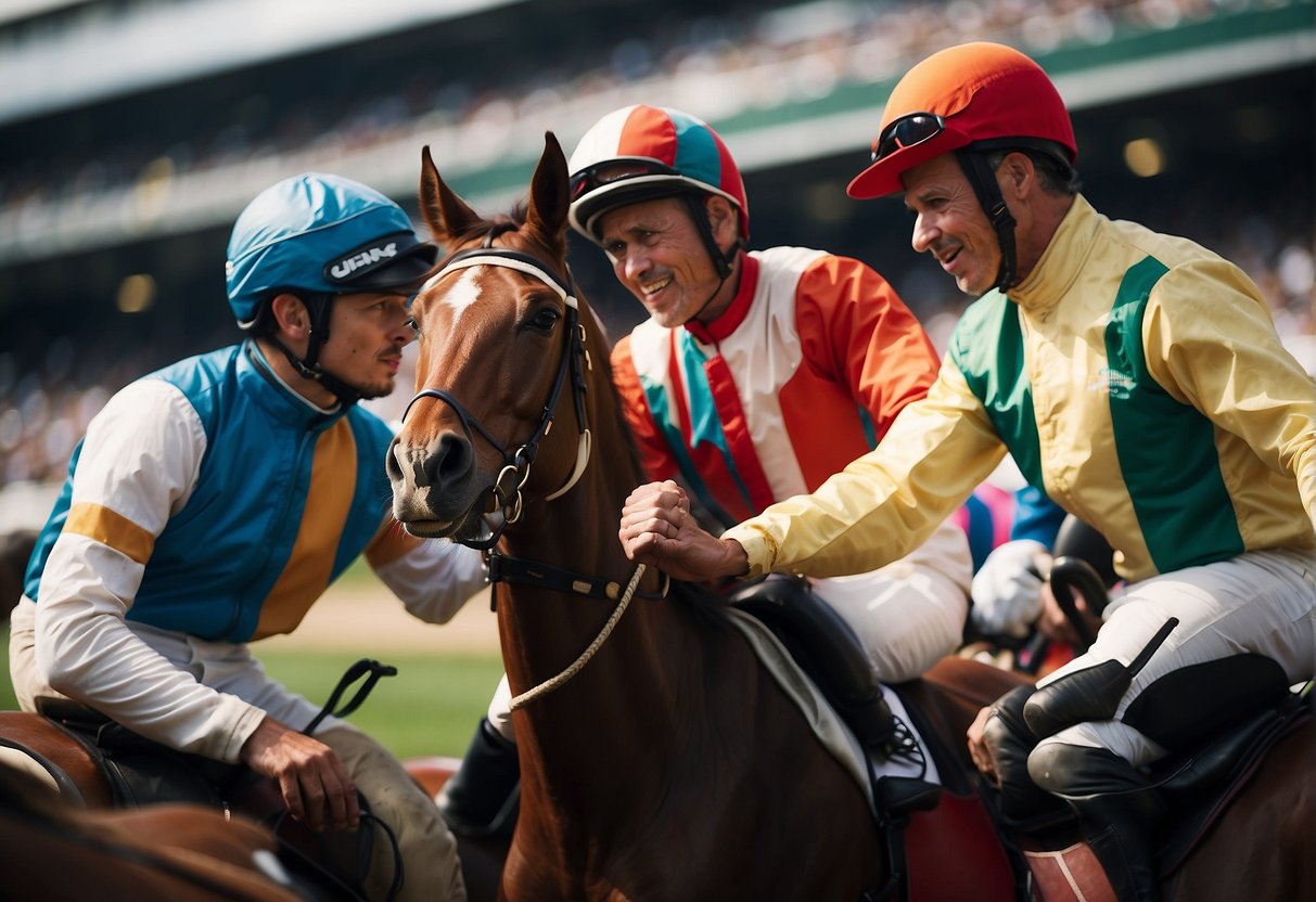 Jockeys and trainers strategizing to win races, discussing tactics and analyzing the competition