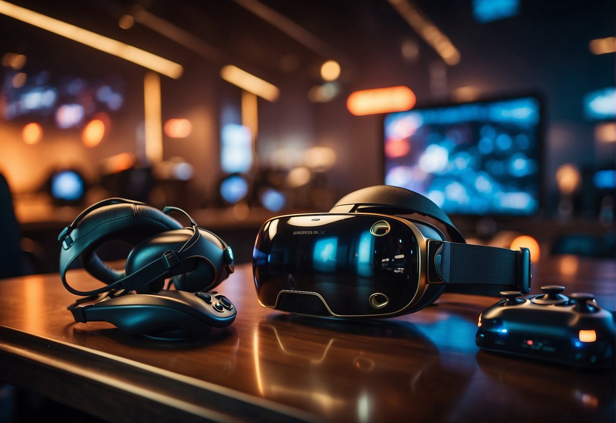 A virtual reality headset and gaming console sit on a table, surrounded by futuristic technology and esports trophies